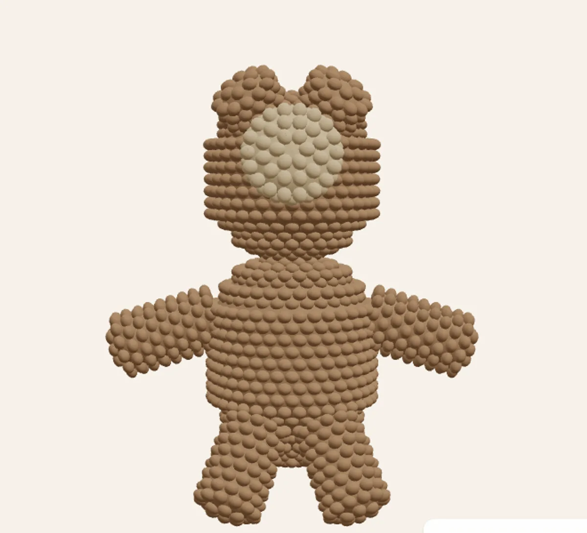 A crocheted bear built from parts in the amigurumi designer, with the parts tray beside it