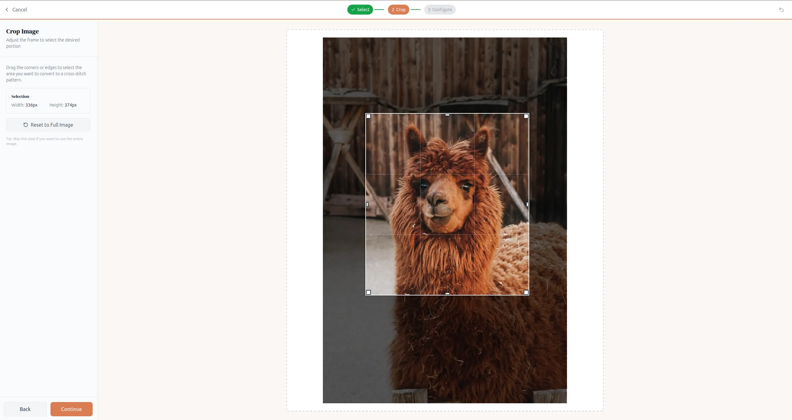 The crop screen showing the alpaca photo with selection handles