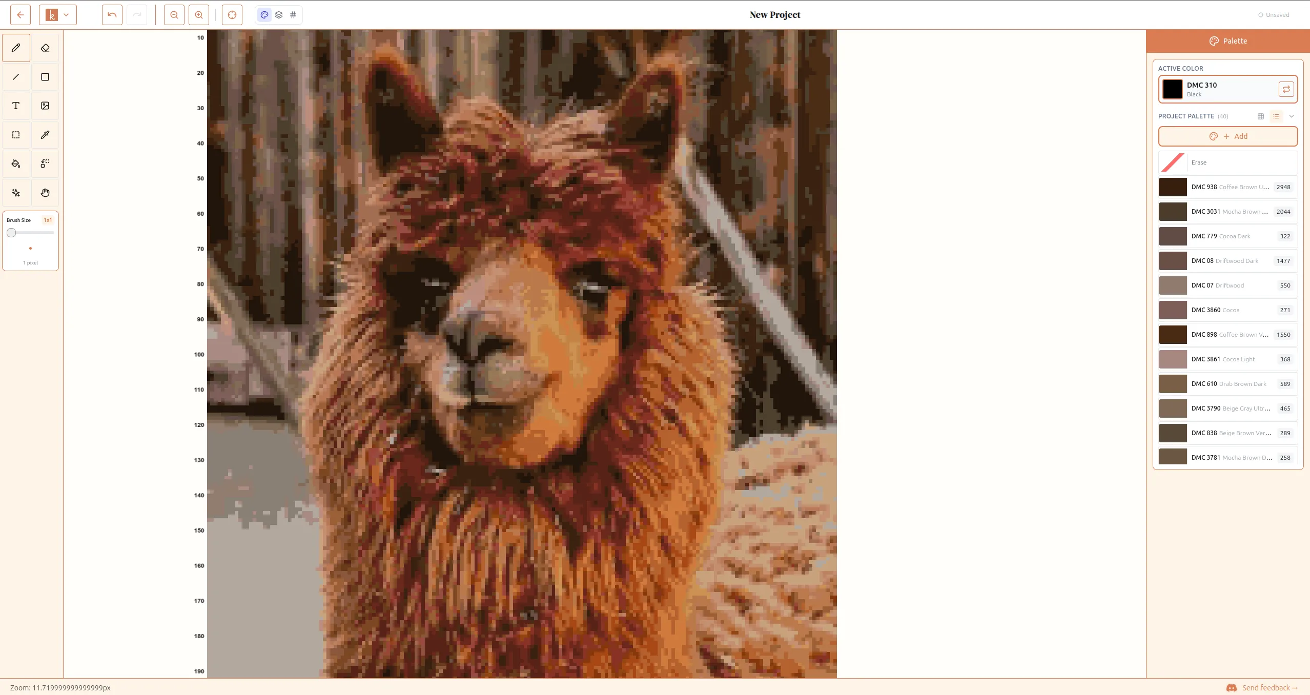 The editor showing the alpaca pattern on the grid with tools and palette visible