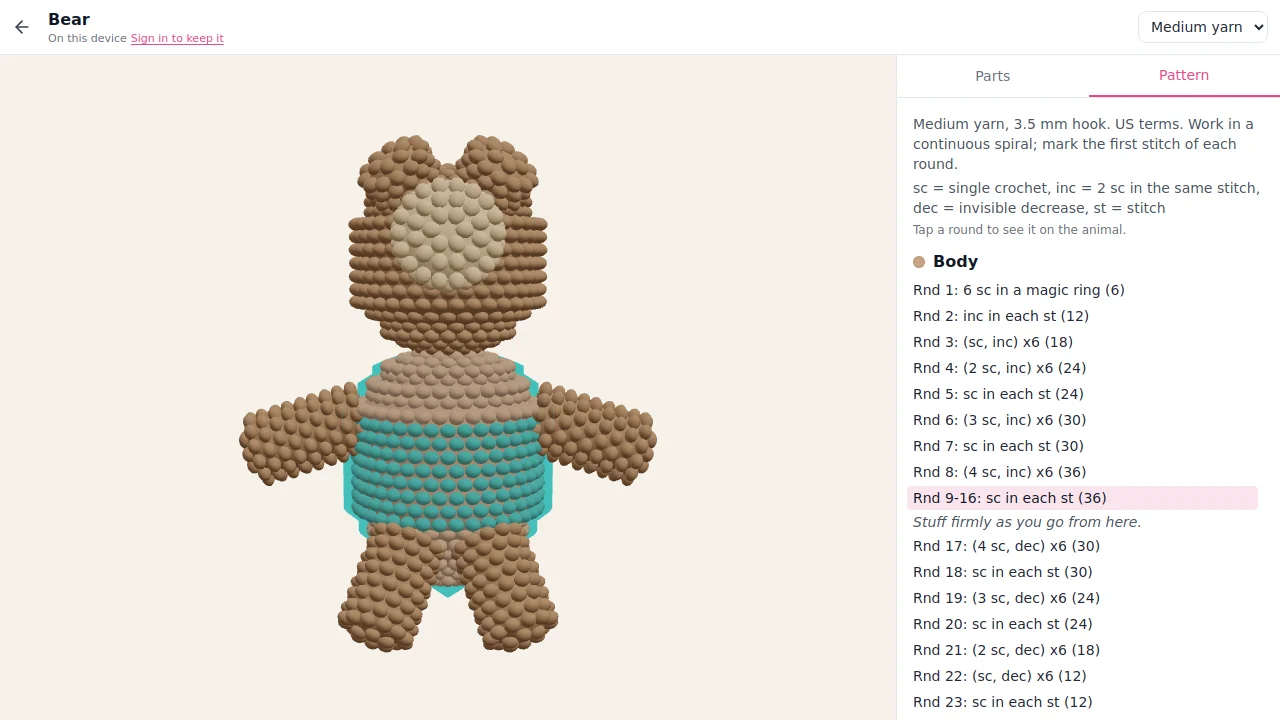 The Pattern tab with rounds 9 to 16 tapped and lit up in teal on the bear's body