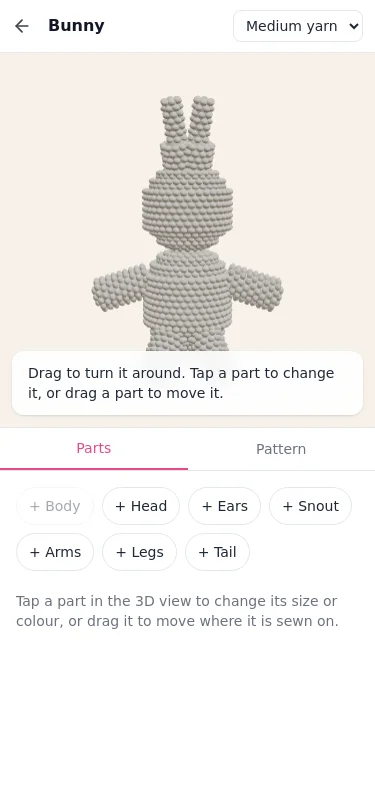 The bunny starter on a phone, with the 3D view above the parts tray