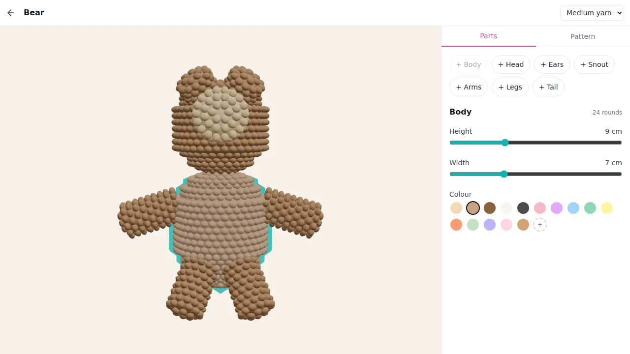 The body selected, with the height and width sliders and the yarn palette in the panel