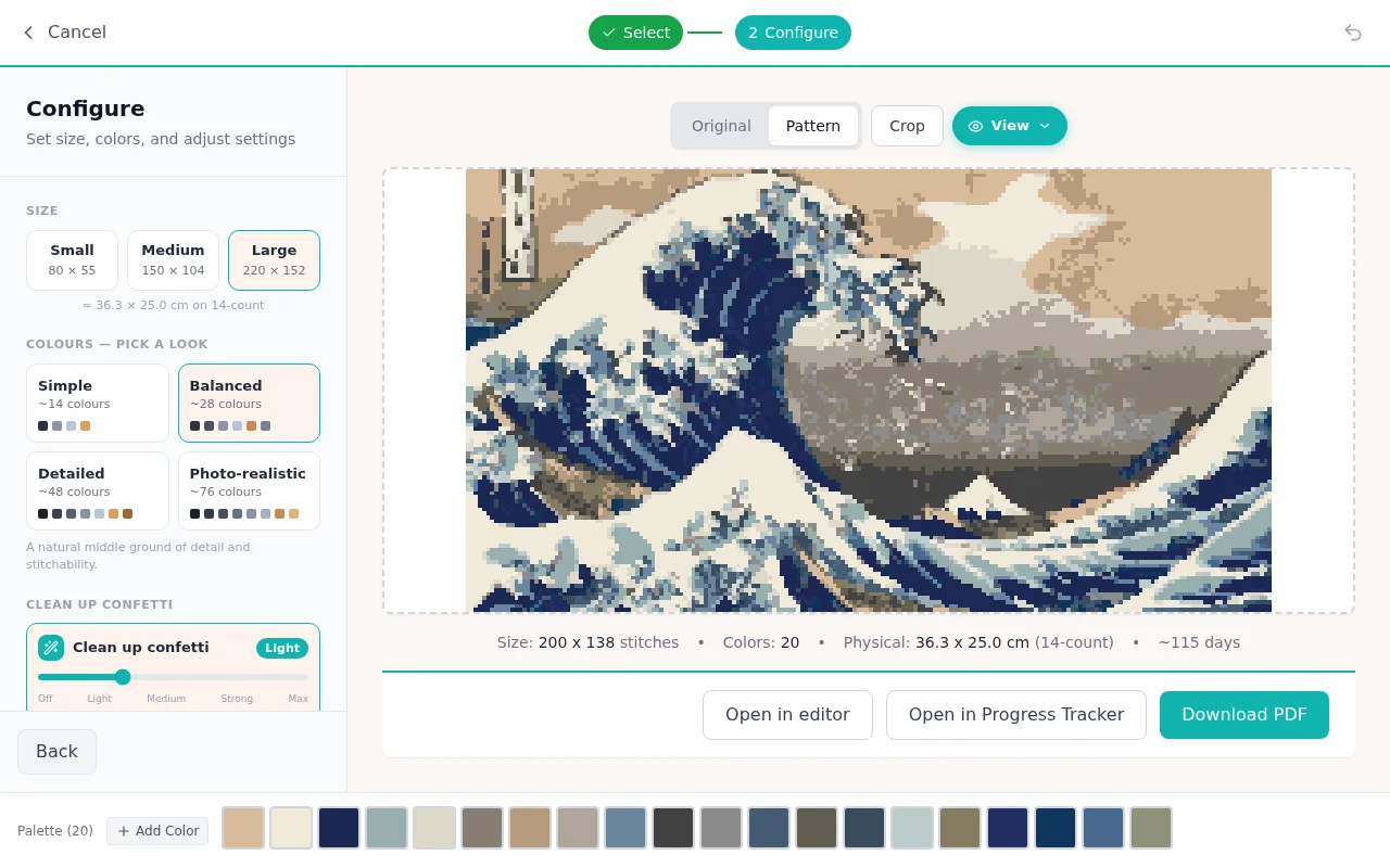 The photo import configure step with size, colors, thread brand, and fabric count options