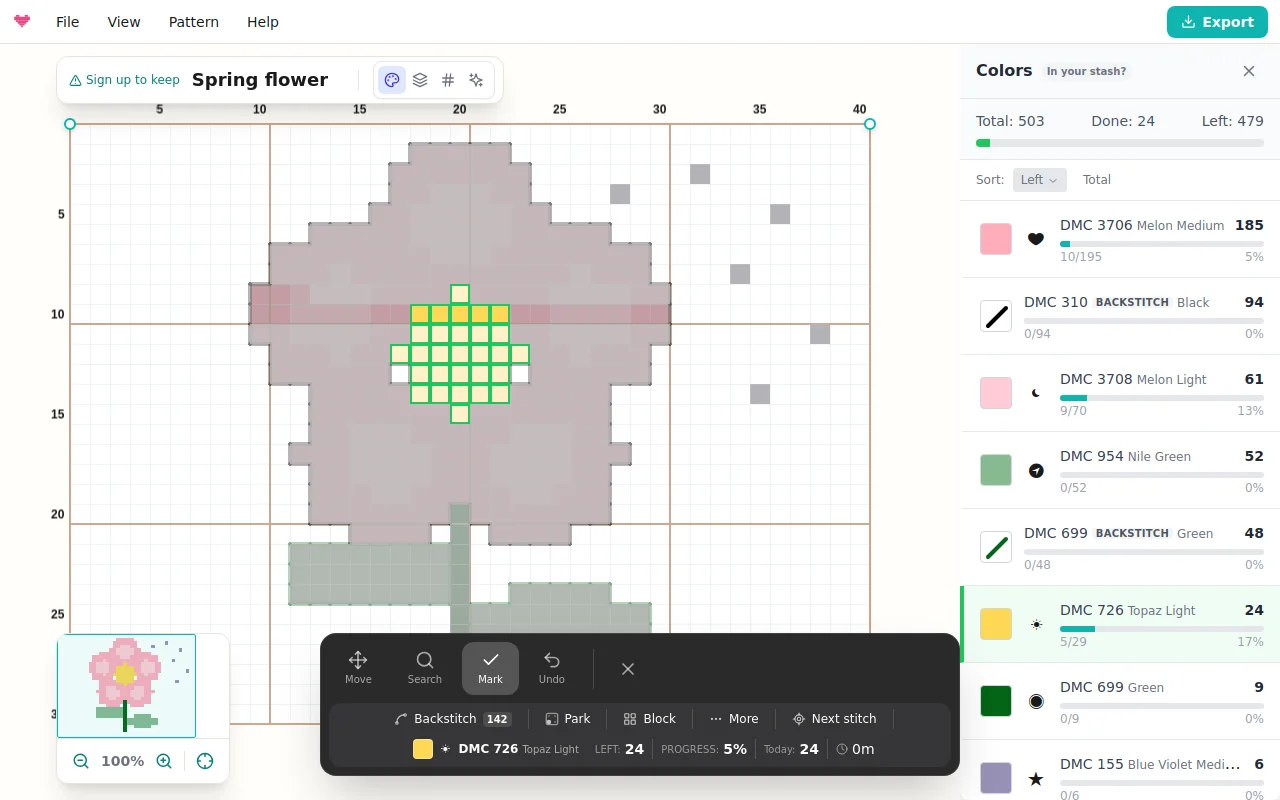Search mode: the tapped thread highlighted on the chart and in the color list