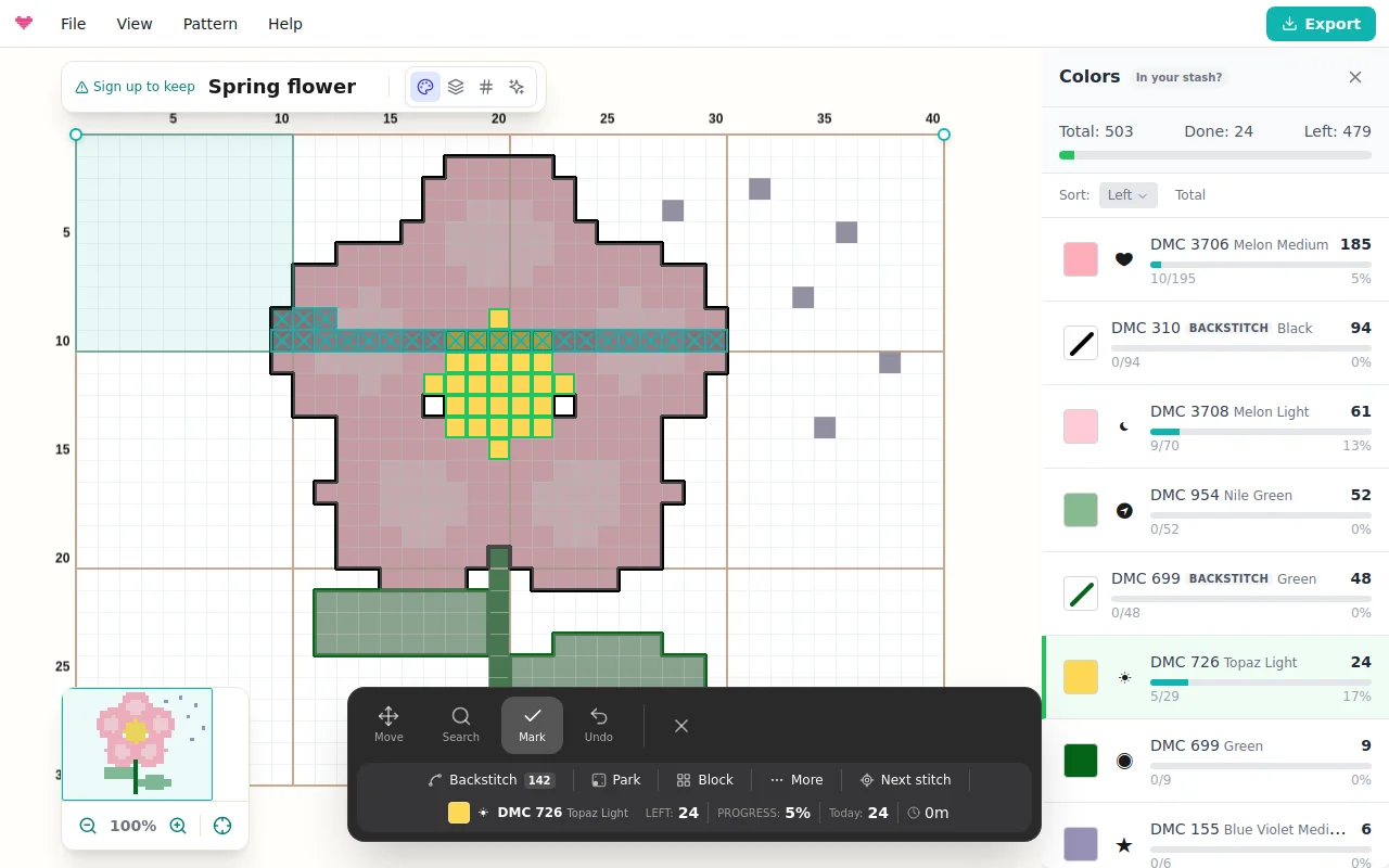 Marks display mode: the classic chart with check marks on finished stitches