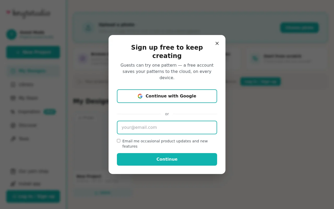 The sign-up prompt guests see: a free account saves your patterns to the cloud, on every device