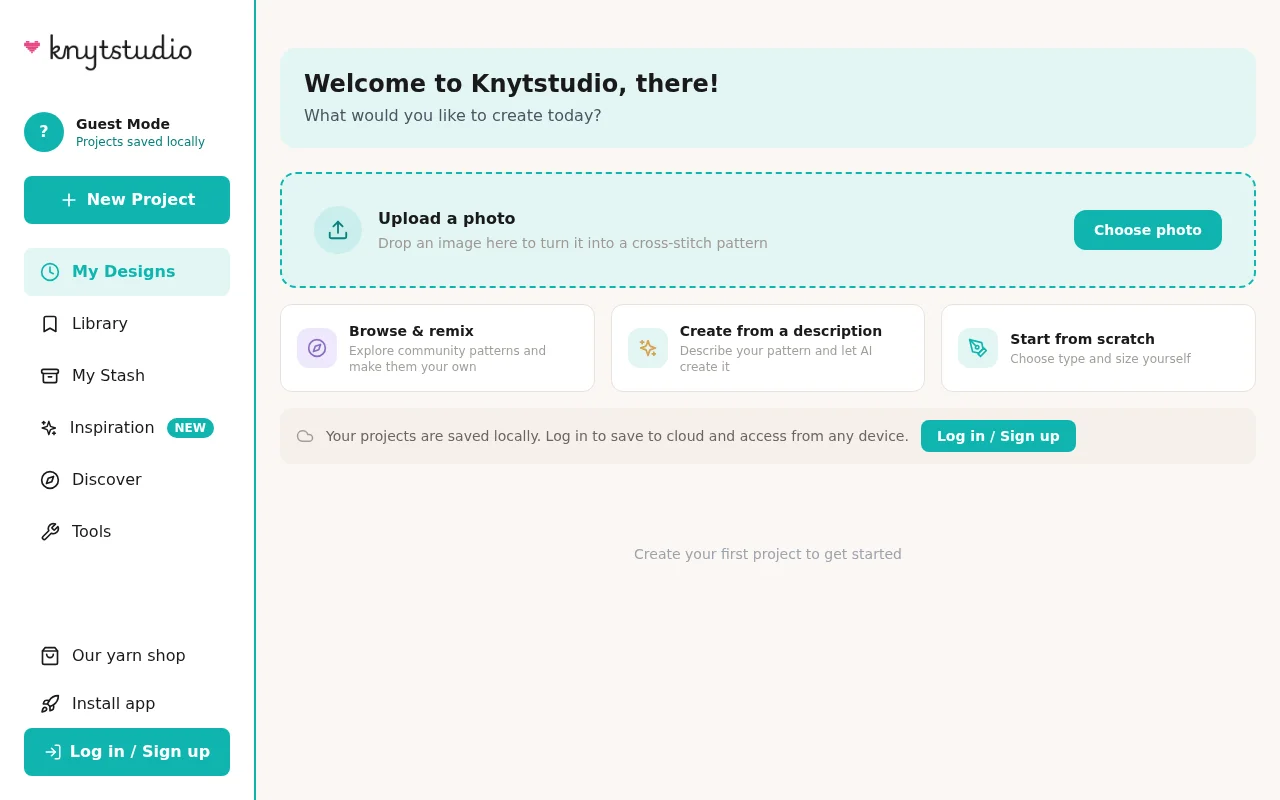The Knytstudio dashboard with four ways to start a new pattern