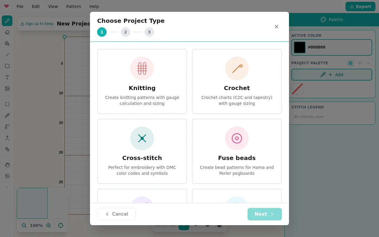 The setup wizard's first step: choosing a project type such as knitting, crochet, or cross-stitch