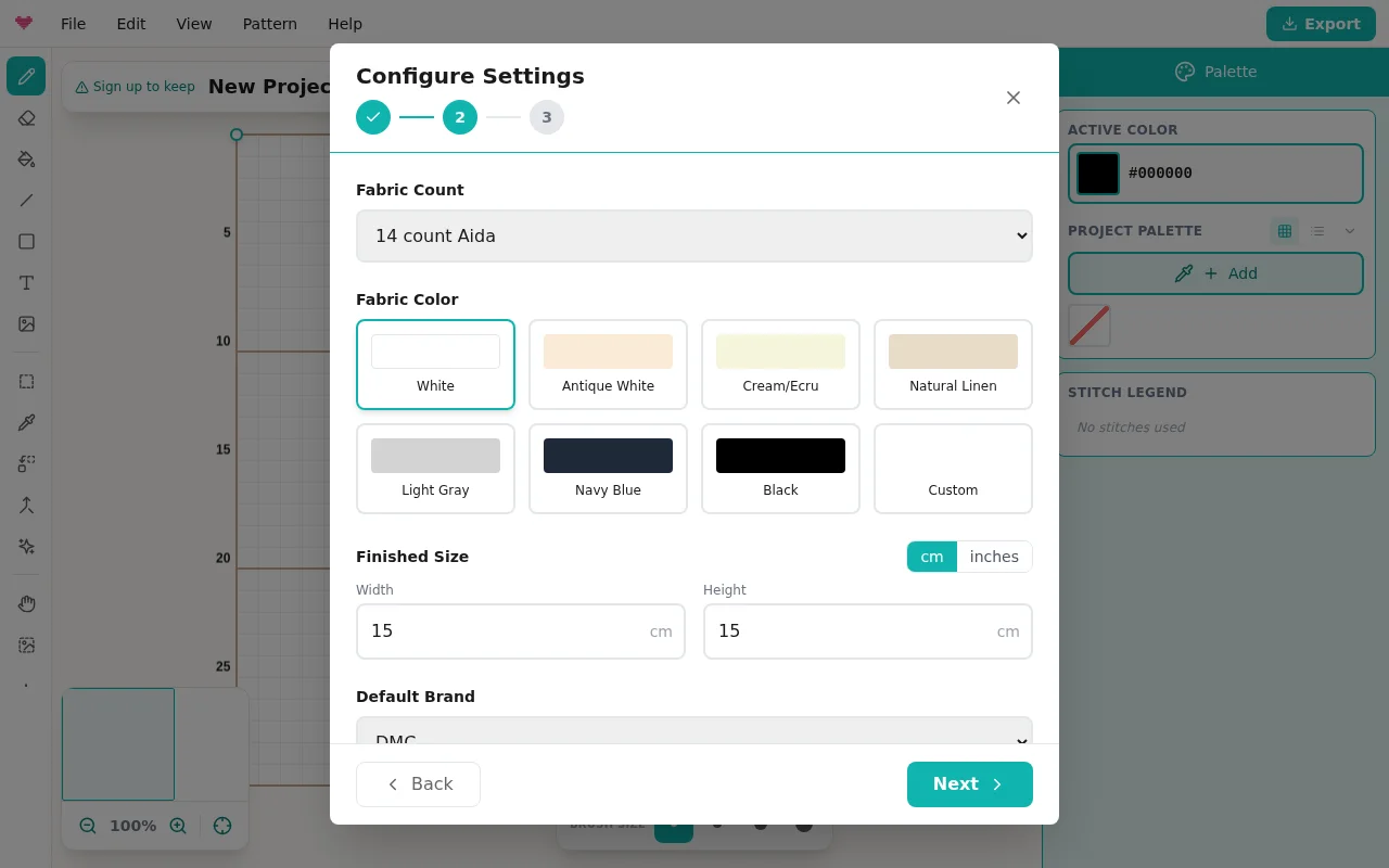 The setup wizard's settings step for cross stitch: fabric count, fabric color, and finished size in centimeters or inches